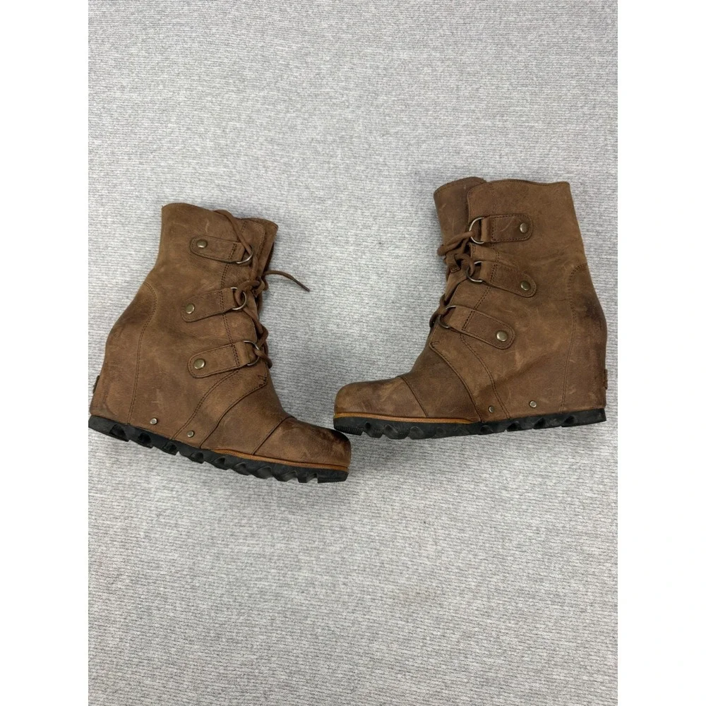 Sorel‎ Joan of Arctic Wedge II Brown Leather Lace Up Ankle Boots Womens 8 NL2305